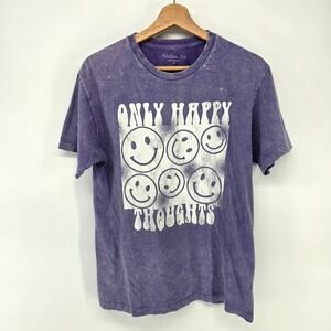 Rebellious One Graphic Tee Men Medium Purple Acid Wash Only Happy Thoughts Smile